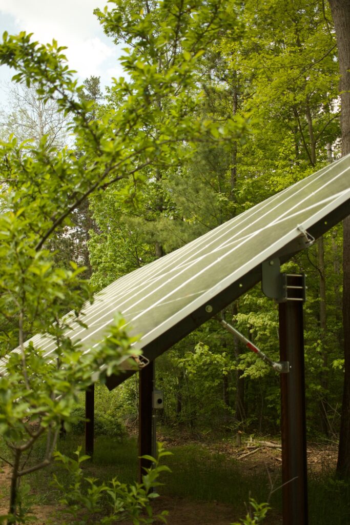 Solar panel in the Michigan Woods during summertime